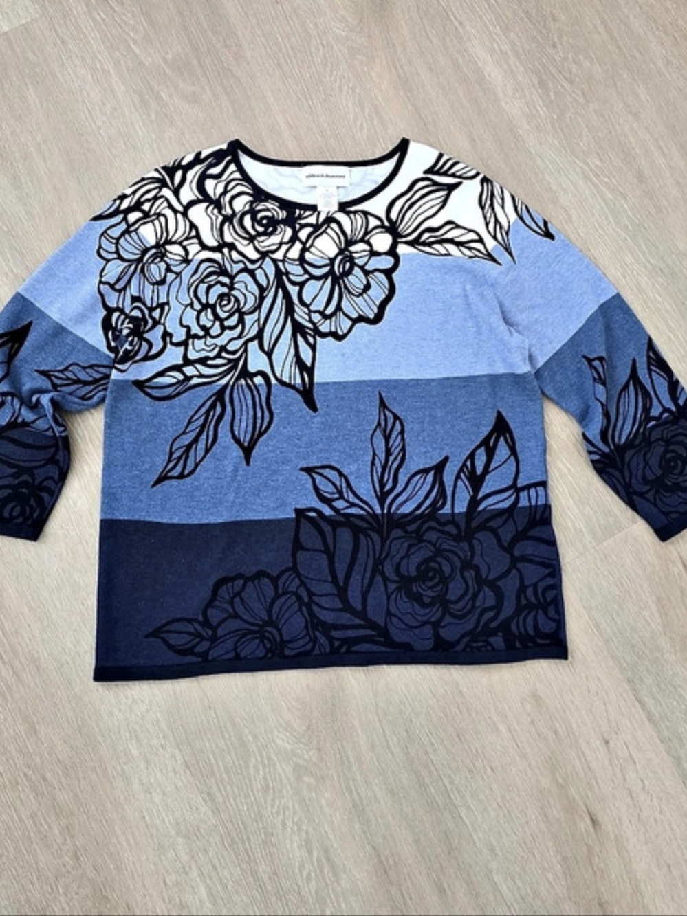 Alfred Dunner Women's Blue Floral Round Neck 3/4 Sleeve Knit Top size S